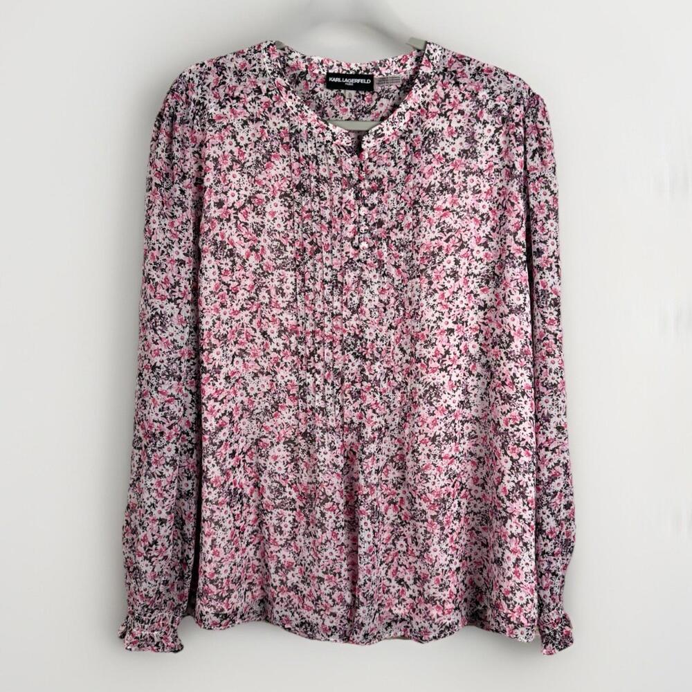 Karl Lagerfeld Paris Pink Black White Floral Button Ruffle Blouse Long Sleeve XL